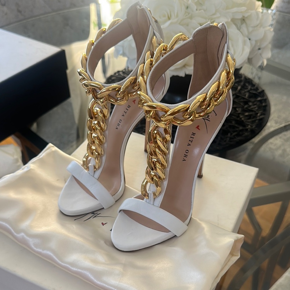 Giuseppe Zanotti White and Gold Chain Heels